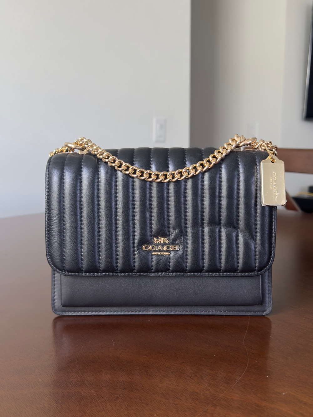 Coach Quilted Leather Shoulder Bag in Black with Gold Hardware